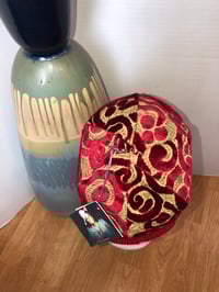 Image 3 of H.O.D. Cherry Red Ikat Velvet Moroccan Crown W/ Stripe Cable Knit Brim
