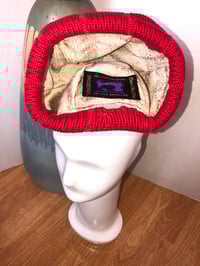 Image 5 of H.O.D. Cherry Red Ikat Velvet Moroccan Crown W/ Stripe Cable Knit Brim