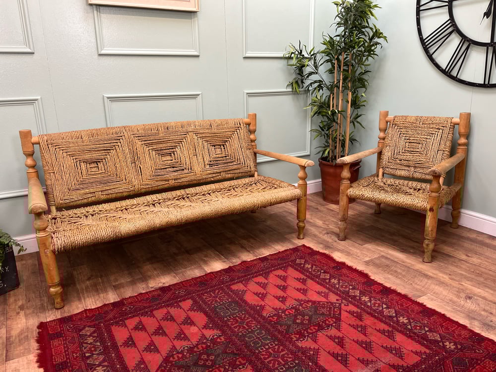 Image of Mid Century 1950s Bench Sofa And Armchair Adrien Audoux & Frida Minnet Rush Seat