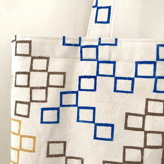 Image of Shopper Bag Grid (mustard, coffee and navy blue).