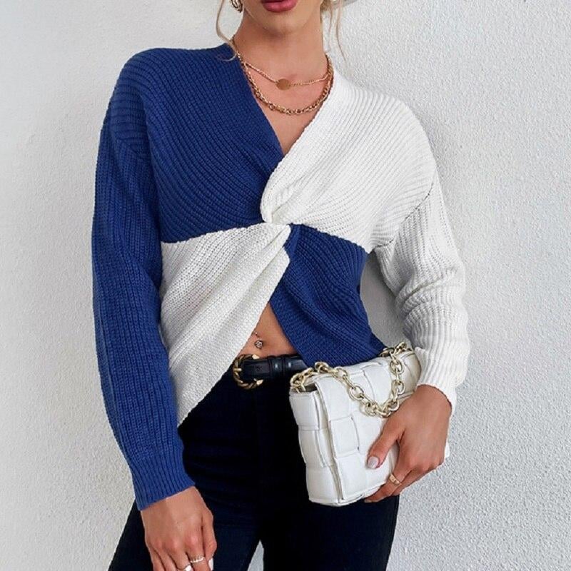 Image of V-neck Long-sleeve Twisted Cross Stitching Cropped Sweater