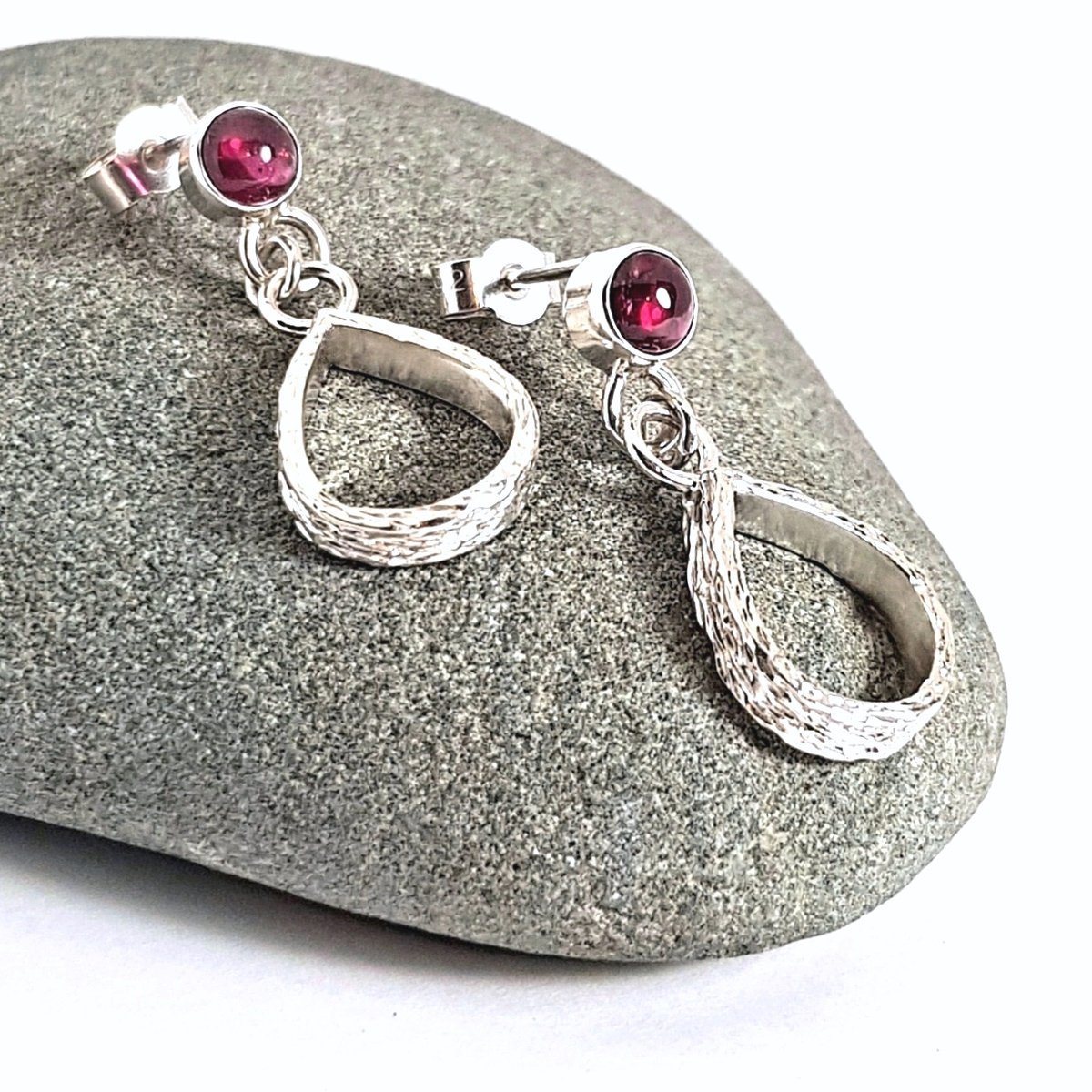 Image of Sterling Silver Garnet Earrings, Solid Silver Drop Earrings with 5mm Garnets, Handmade Jewellery UK