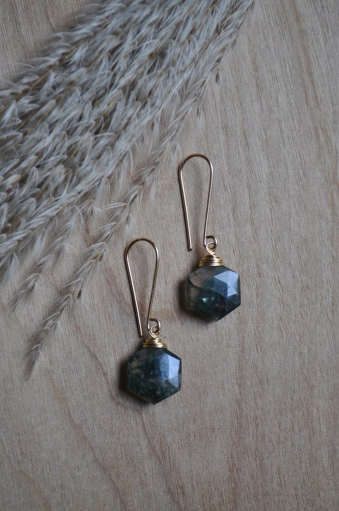 Image of Moss Agate Hexagon Drops on Gold Fill