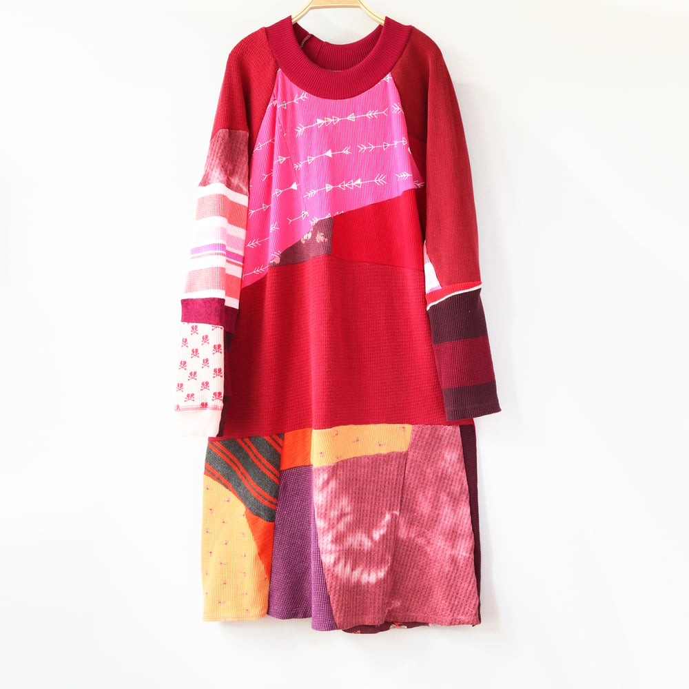 Image of thermal warm reds patchwork adult L/XL extra large raglan sleeve dress courtneycourtney tunic winter