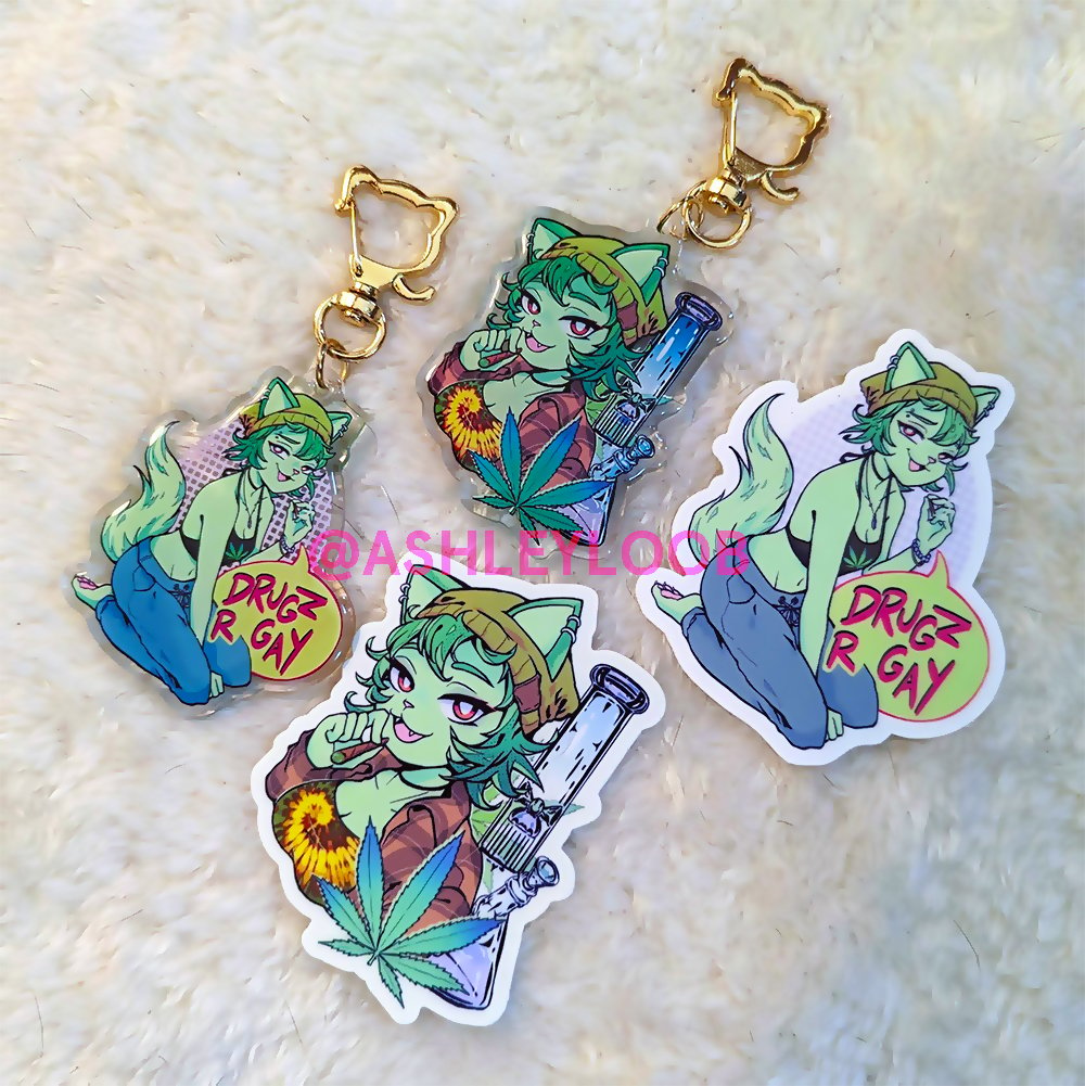 weed cat acrylic charms, vinyl stickers