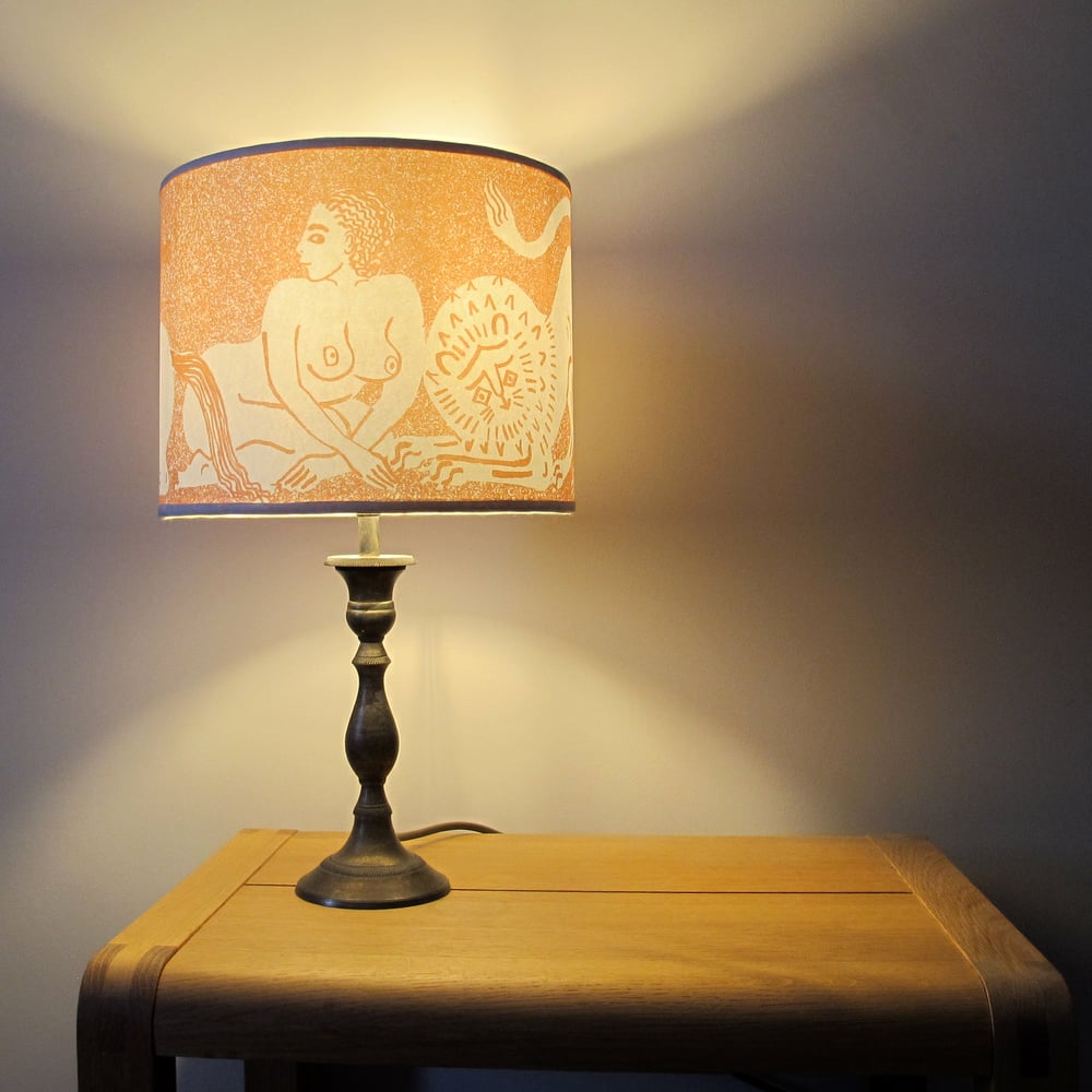 Man, horse, woman, lion lampshade - paper, pale brick red