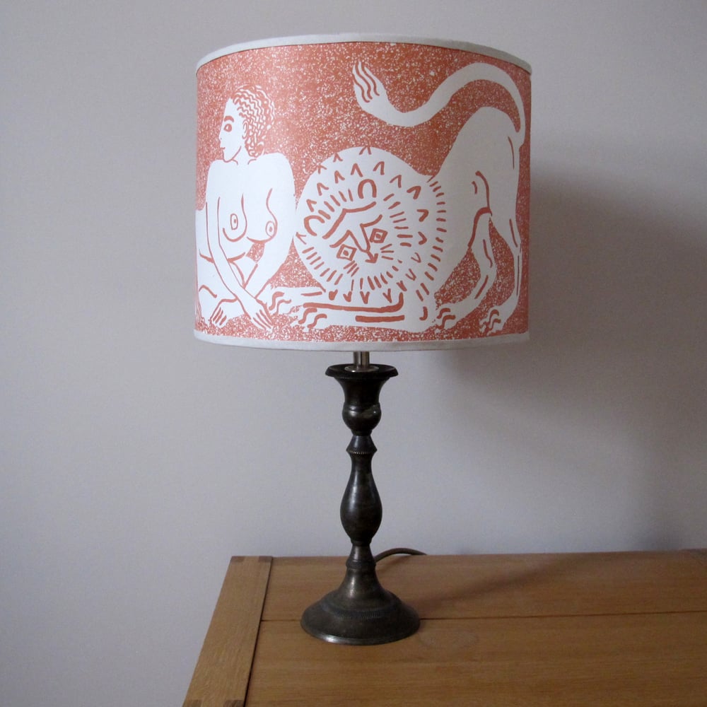 Man, horse, woman, lion lampshade - paper, pale brick red