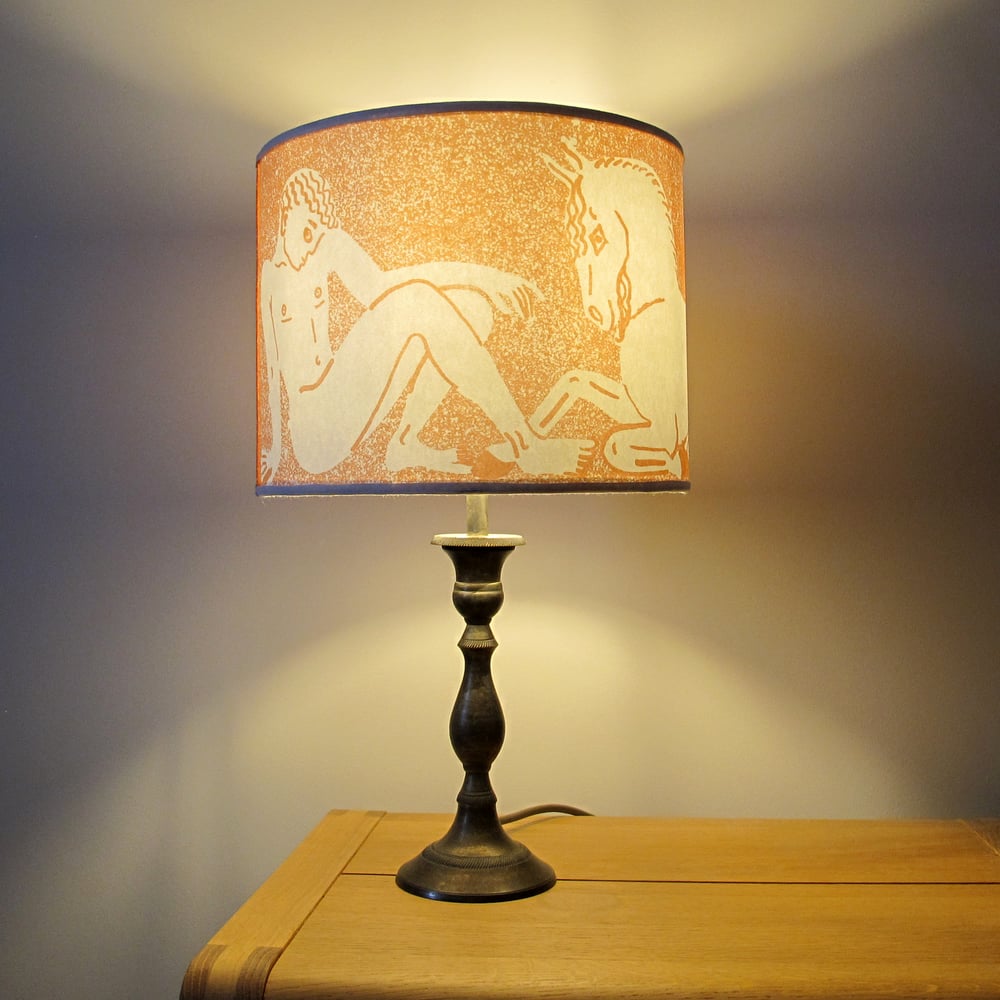 Man, horse, woman, lion lampshade - paper, pale brick red