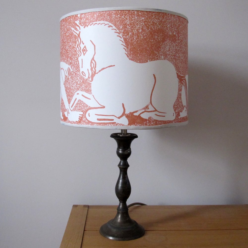 Man, horse, woman, lion lampshade - paper, pale brick red