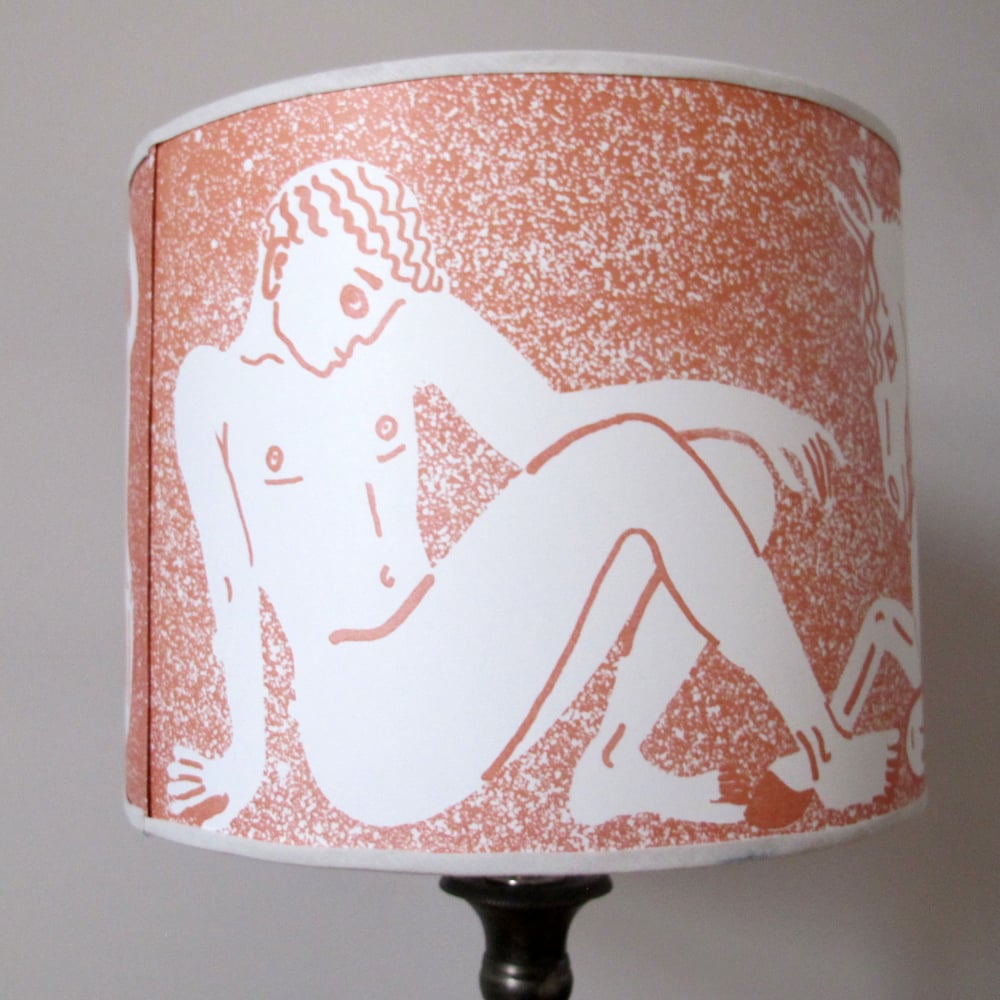 Man, horse, woman, lion lampshade - paper, pale brick red