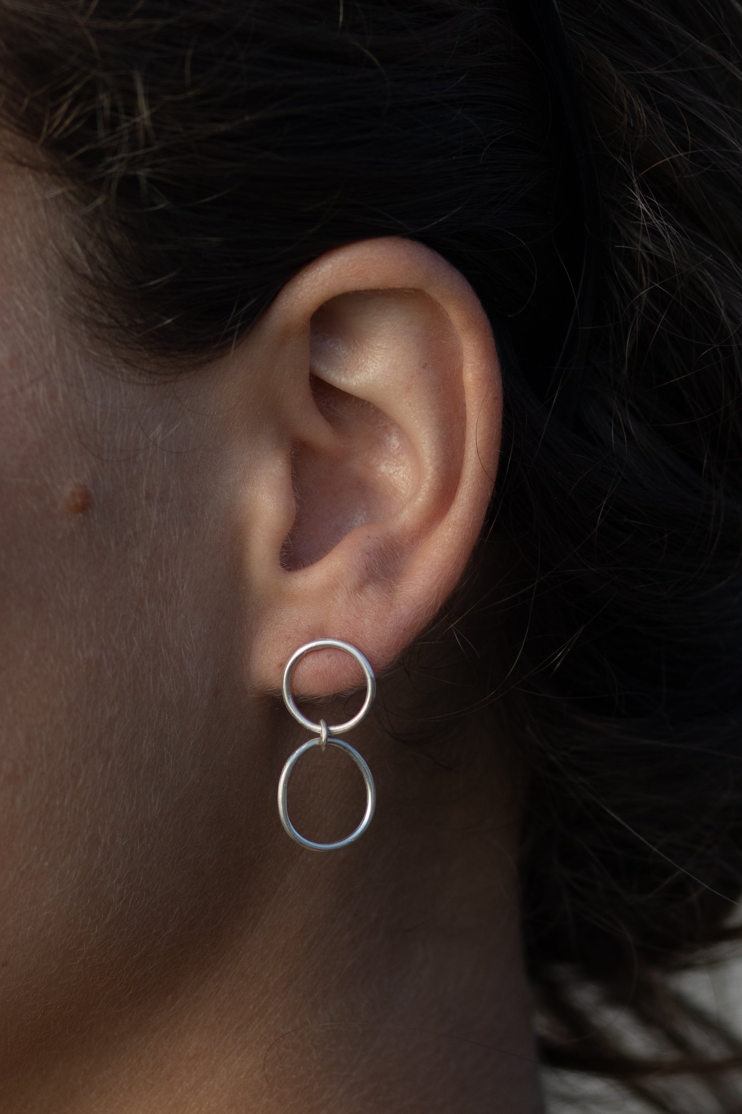 Image of Dangling New Moon Silver two Circle Earrings