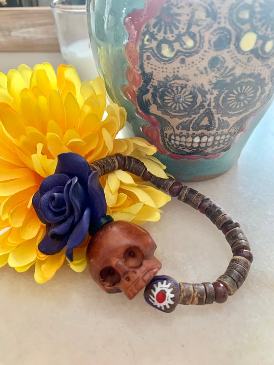 Image of Wood Carved Skull/bead from Mexico and Bronzite Crystal