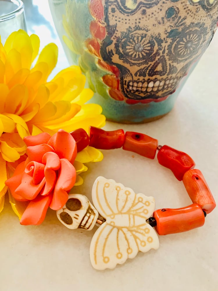 Image of Day of Dead Peach Coral and Howlite Skull and butterfly