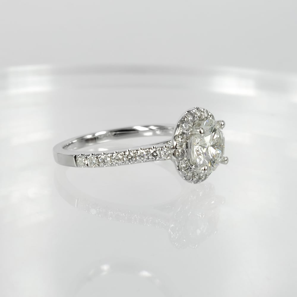 Image of 18ct white gold halo engagement ring. PJ5899