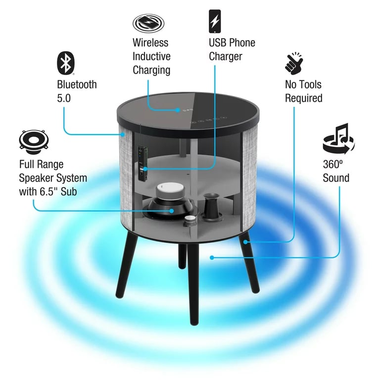 Image of Round Bluetooth Speaker End Table with Wireless Charging