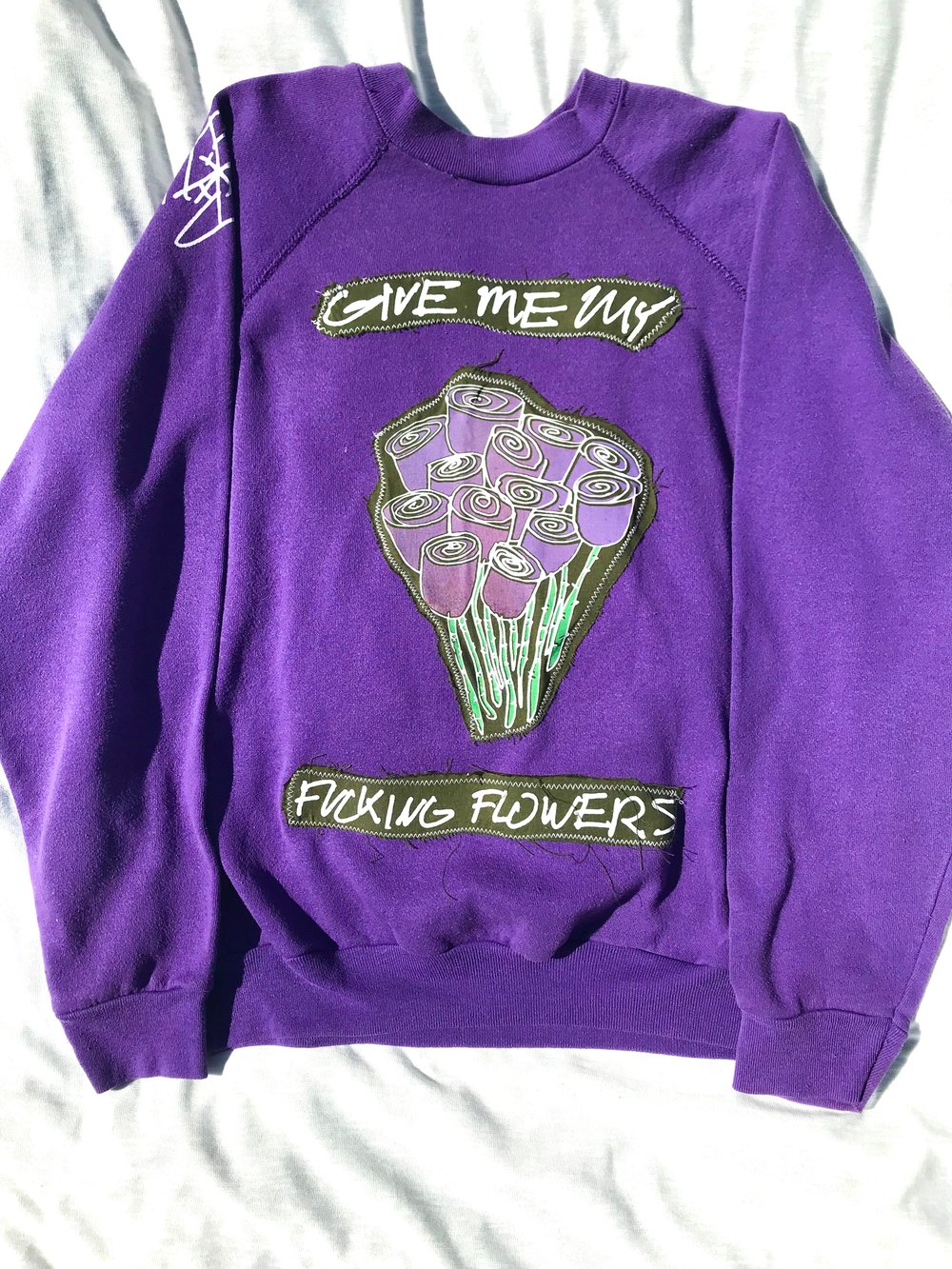 give me my fucking flowers double patched sweatshirt in Uriel