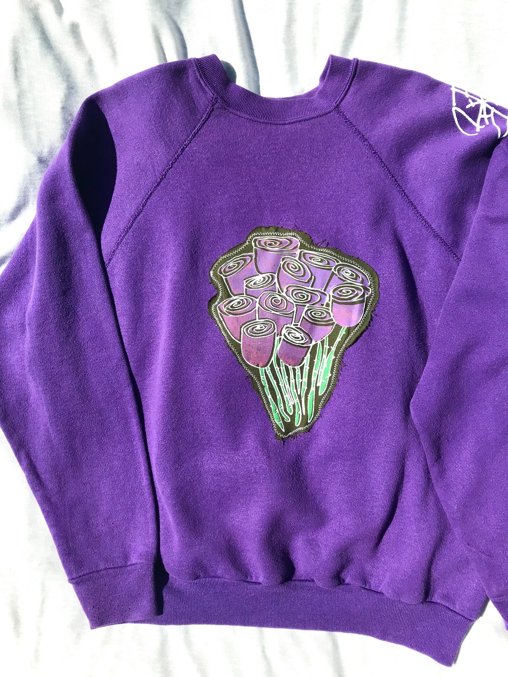 give me my fucking flowers double patched sweatshirt in Uriel
