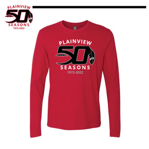 Image of 50 YEARS- PLAINVIEW  FOOTBALL 50 YEAR RED SOFT LONG SLEEVE TEE