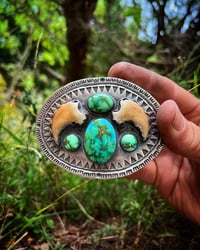 Image 1 of WL&A Handmade Black Bear Claw + Sonoran Desert Turquoise Belt Buckle - Size 3.5" x 2.75" - 180 Grams