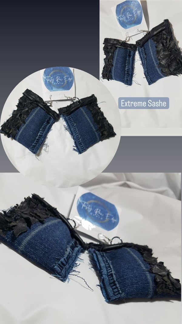 Image of Tasty Raw Edge Denim Extreme Sache Chante Earrings  