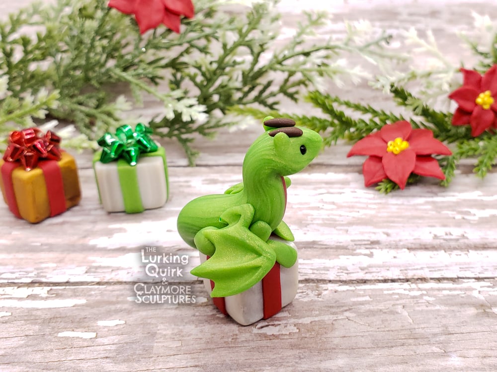 Mini Polymer Clay Dragon Sitting on a Present