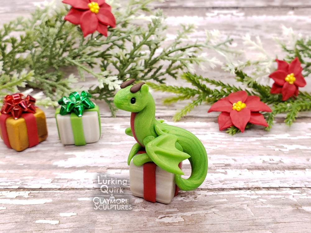 Mini Polymer Clay Dragon Sitting on a Present