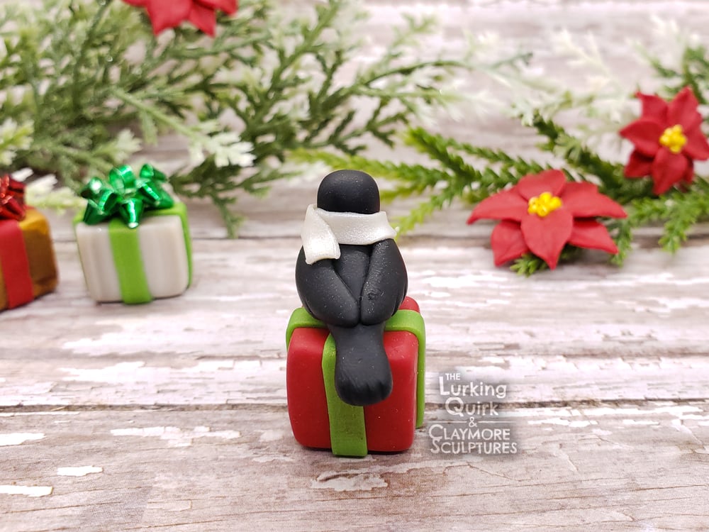 Mini Polymer Clay Crow Sitting on a Present