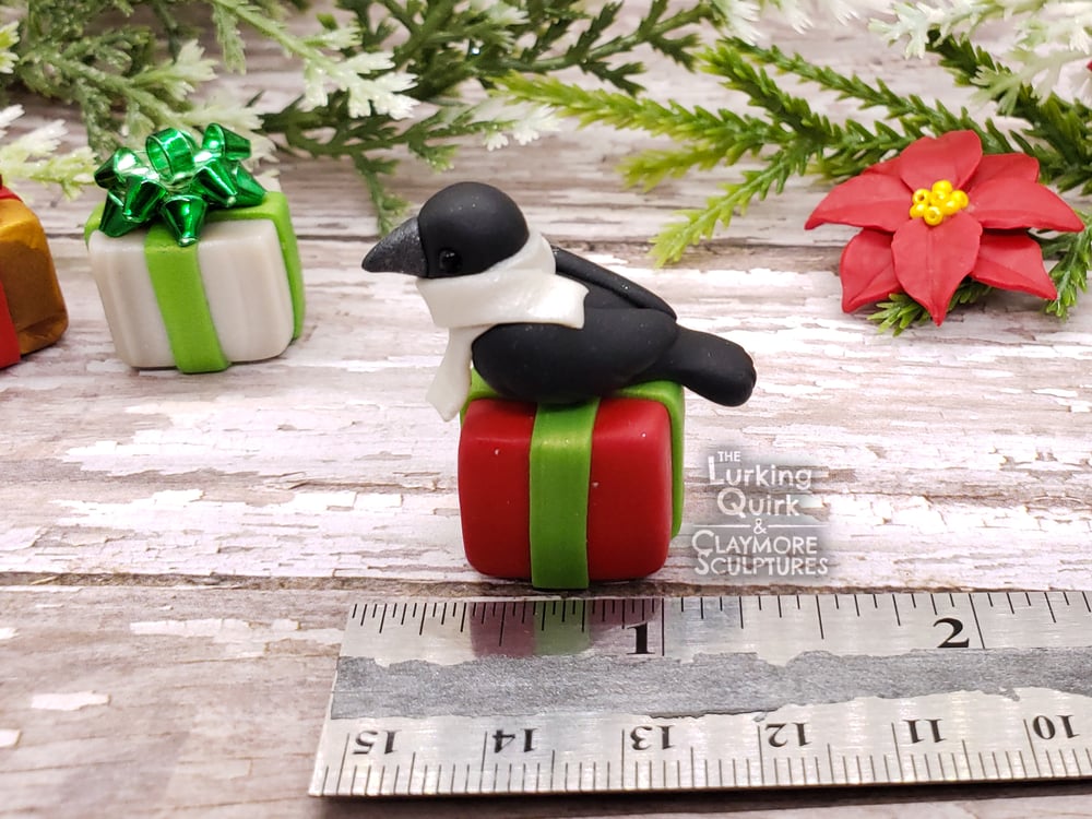 Mini Polymer Clay Crow Sitting on a Present