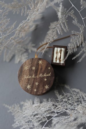 Image of Winter wedding ring box, hanging round Christmas tree ornament, keepsake wedding ring holder 