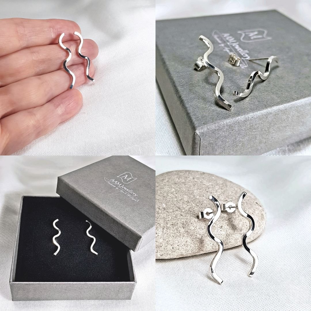 Image of Silver Wave Earrings, Sterling Silver Squiggle Earrings, Handmade Contemporary Silver Studs