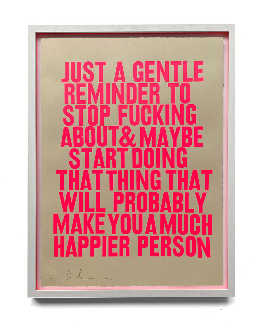 Image of 'Gentle reminder' (screen print - pink on velvet) by Hackney Dave