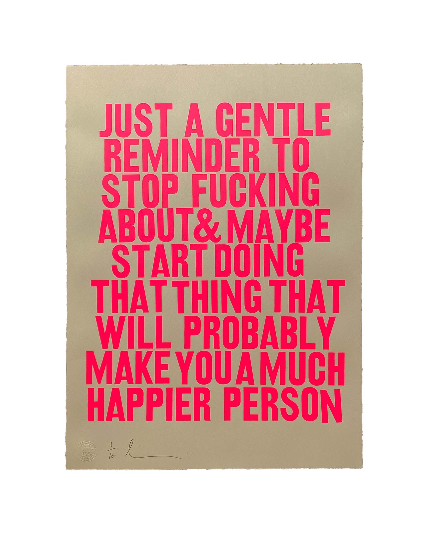 Image of 'Gentle reminder' (screen print - pink on velvet) by Hackney Dave