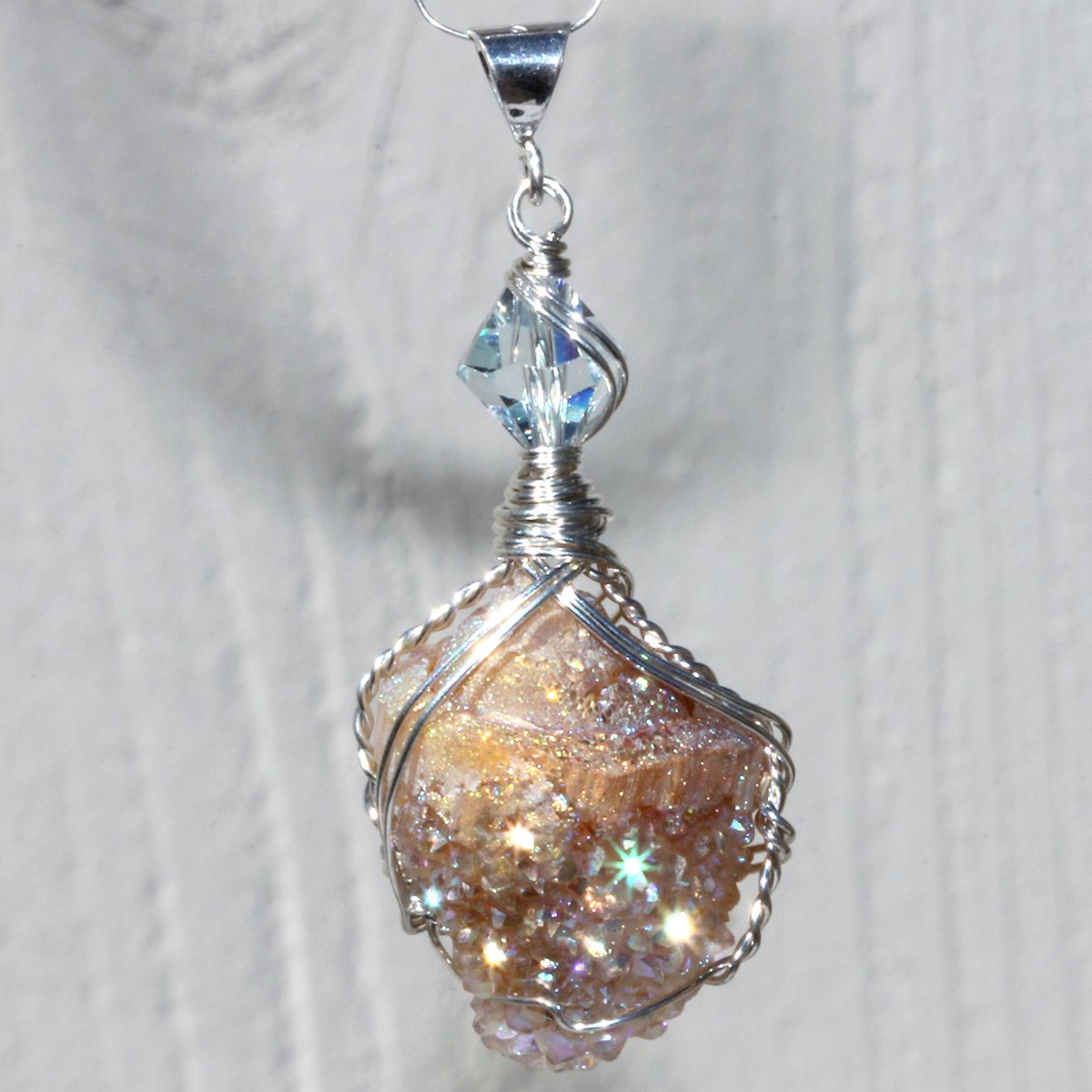 Fossilized Sea Shell Aura Drusy Sterling Pendant