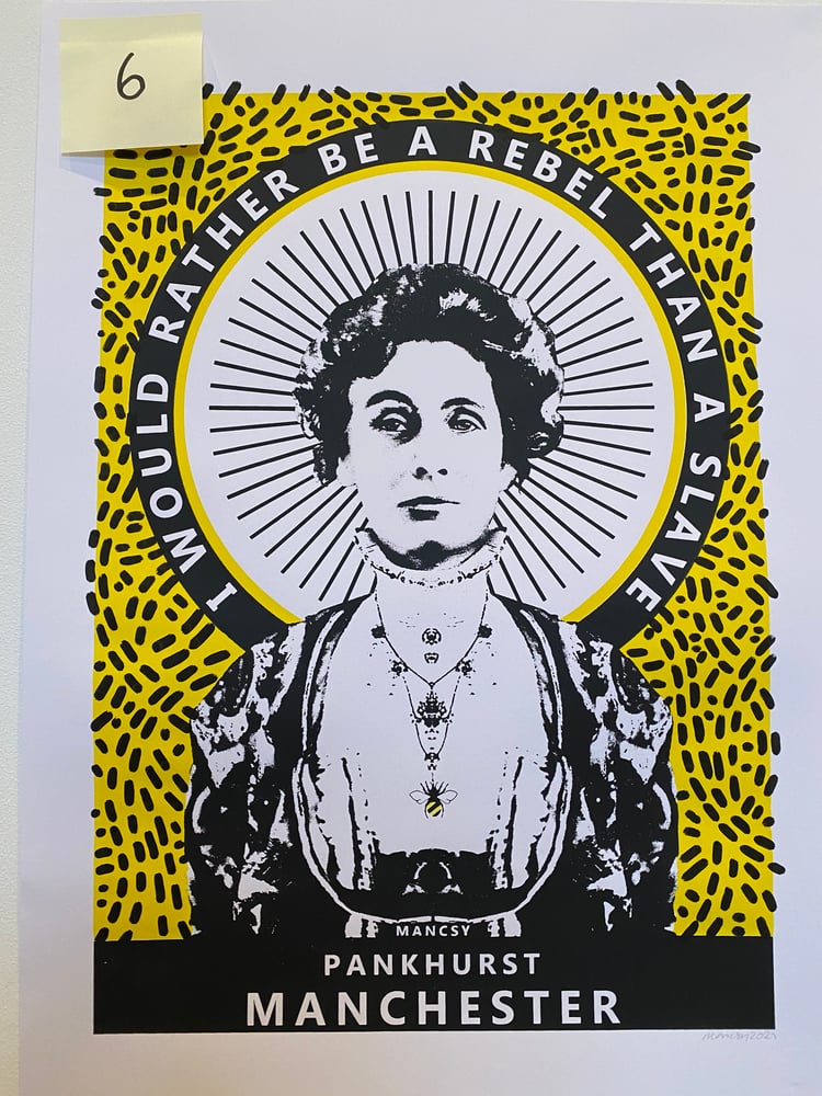 Image of A2 Y6 Hand embellished Pankhurst yellow screen print with paint