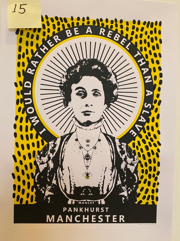Image of A2 Y15 Hand embellished Pankhurst yellow screen print with paint