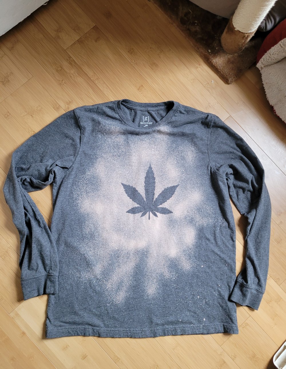 Image of bleach dyed long sleeve  pot leaf size LARGE. grwy