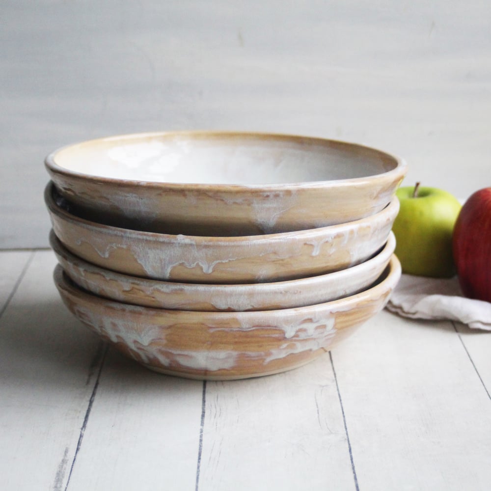 Image of Set of Four Rustic Entree Sized Shallow Bowls, Handcrafted Dinnerware Made in USA