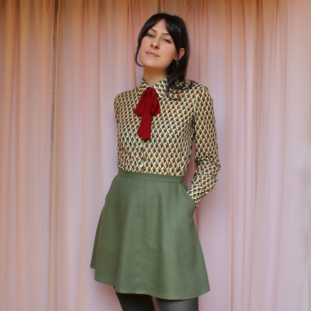 Image of Phuncle Bow Blouse - Olive & red graphic print 
