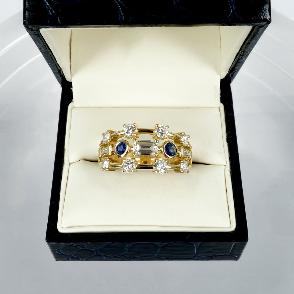 Image of 18ct yellow gold diamond and sapphire cocktail ring