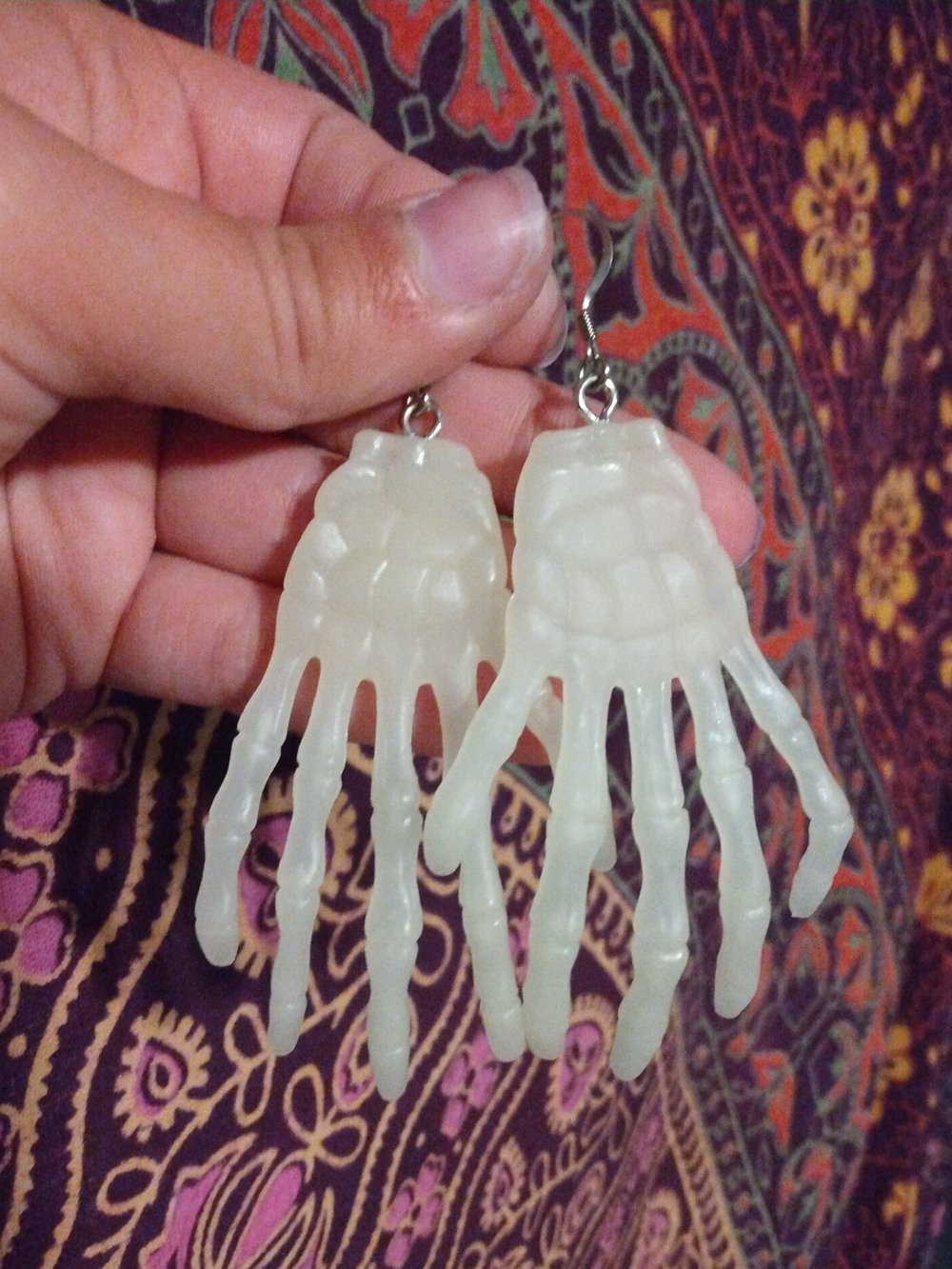 Glow in the dark skelly hand earrings