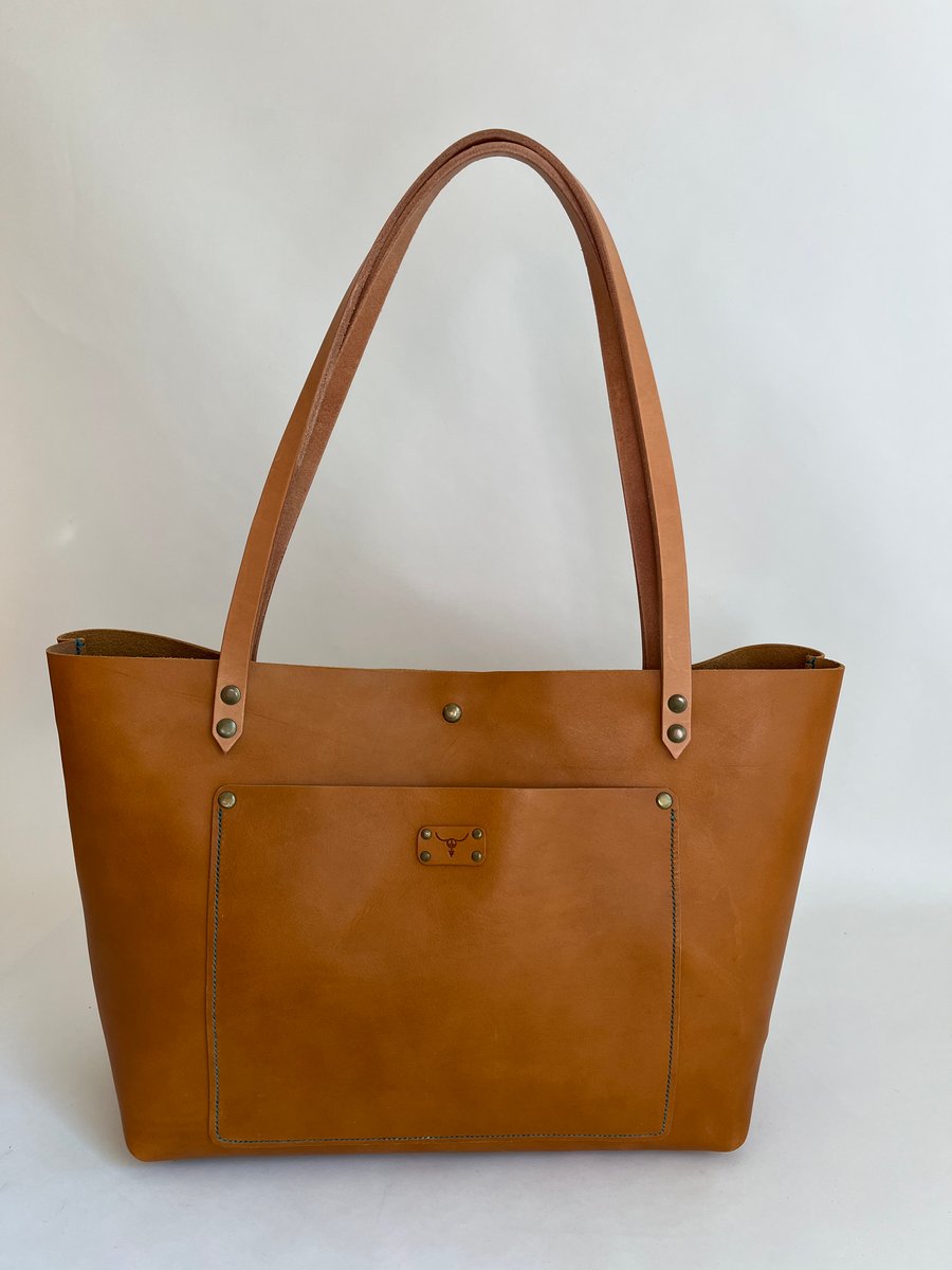 Image of Tan Italian Vachetta Carry-all Tote (aqua)