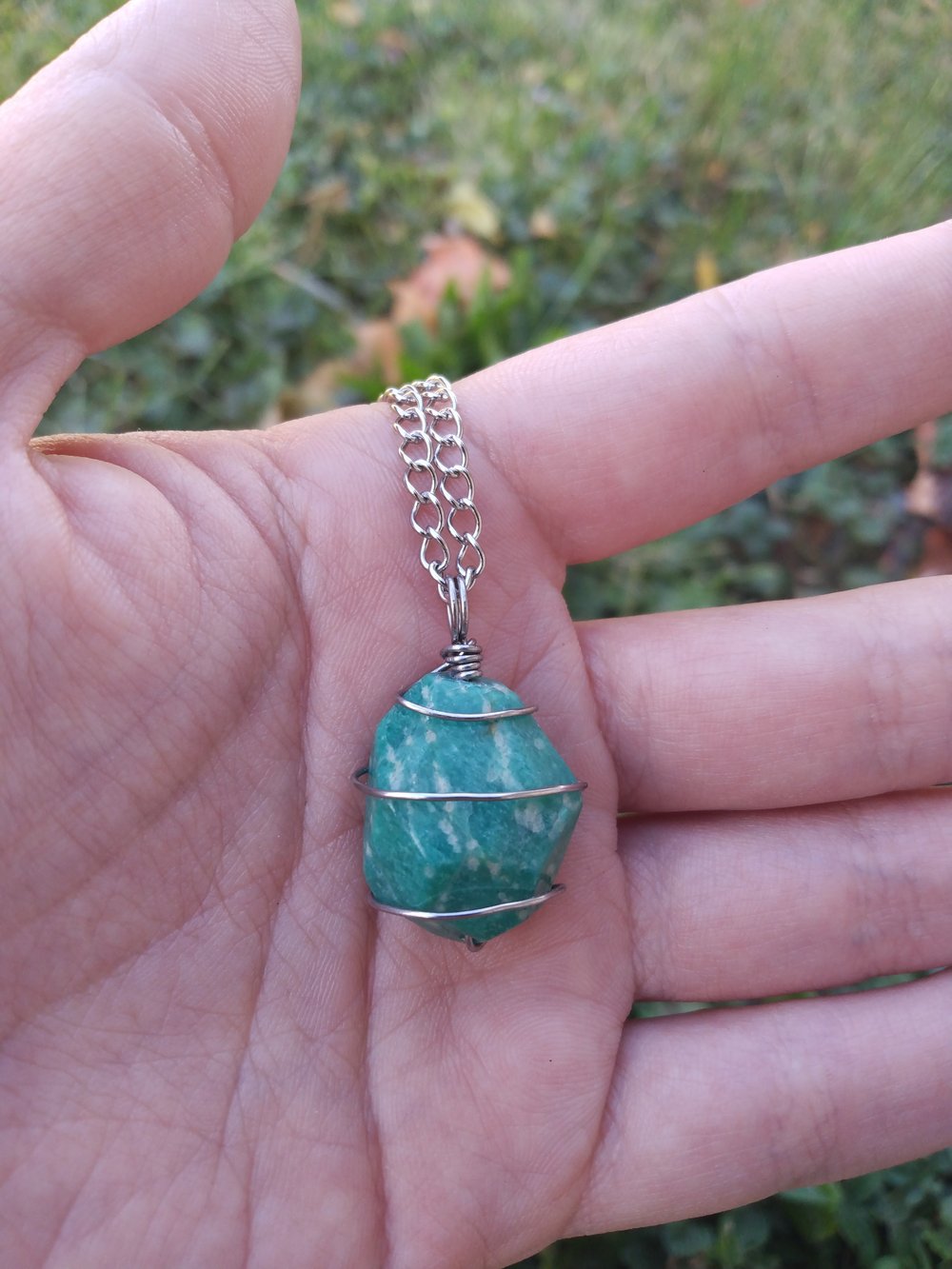 Russian amazonite wire wrapped pendant