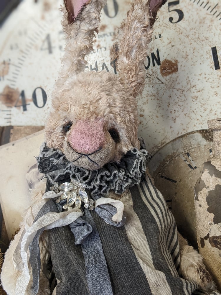 Image of Jumbo - 19" - Vintage Mohair CREAM Rabbit in antique french ticking romper  -Whendi's Bears