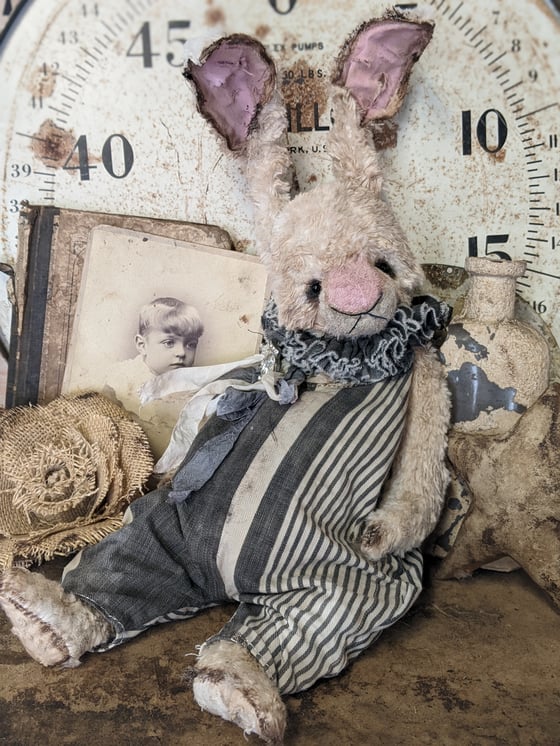 Image of Jumbo - 19" - Vintage Mohair CREAM Rabbit in antique french ticking romper  -Whendi's Bears