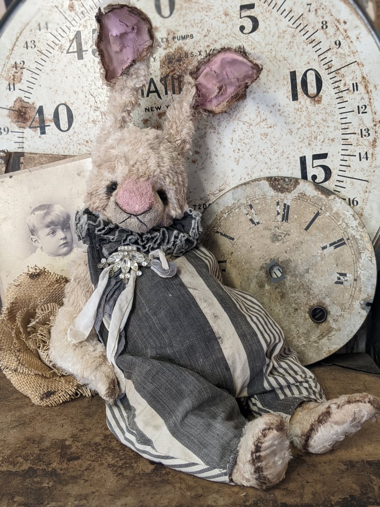 Image of Jumbo - 19" - Vintage Mohair CREAM Rabbit in antique french ticking romper  -Whendi's Bears