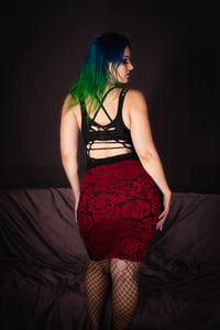 Image 5 of Medium Lace and Faux Leather Red Pencil Skirt
