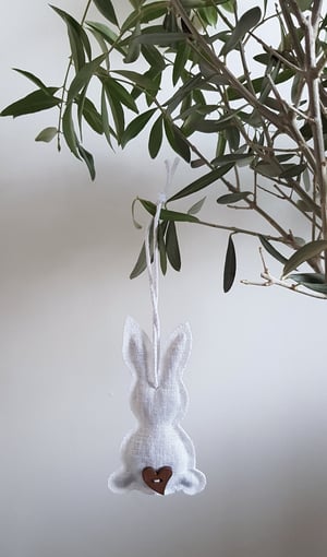 Image of Lavender Rustic Hanging Bunny in 100% Linen 