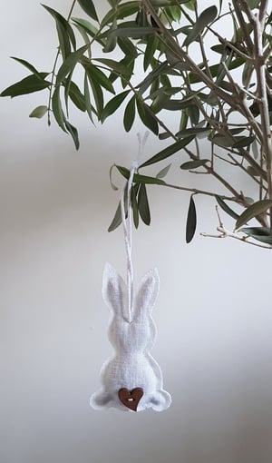 Image of Lavender Rustic Hanging Bunny in 100% Linen