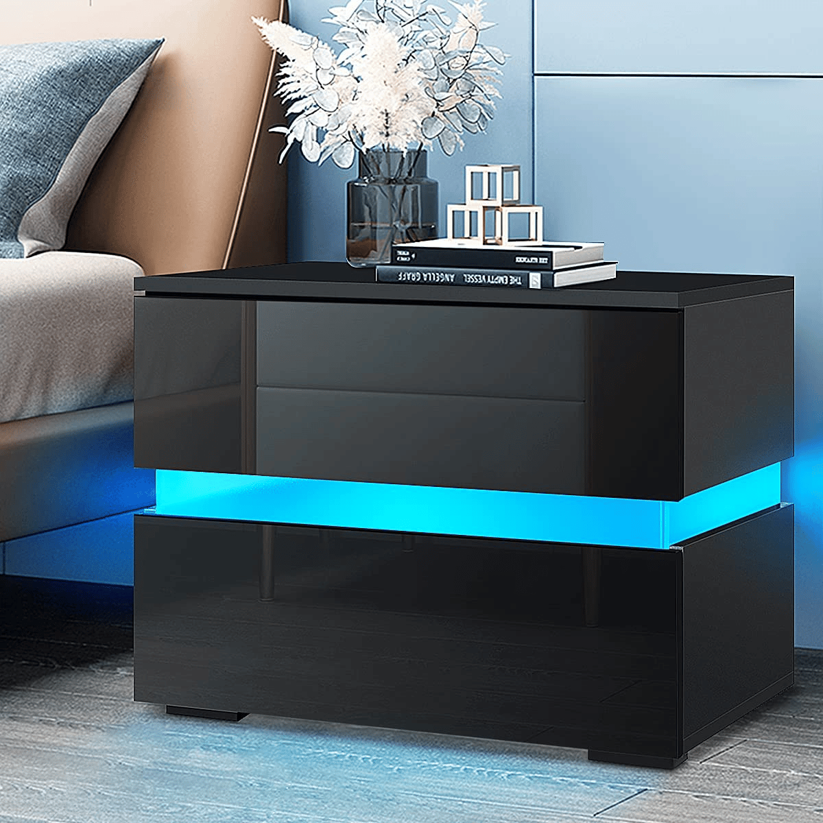 Image of LED Nightstand, Modern Design End Table 2-Drawer Nightstand Storage 