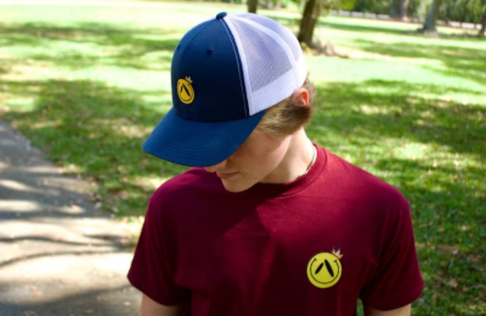 "Smiley Buddy" Embroidered Snapback Hat (navy blue)
